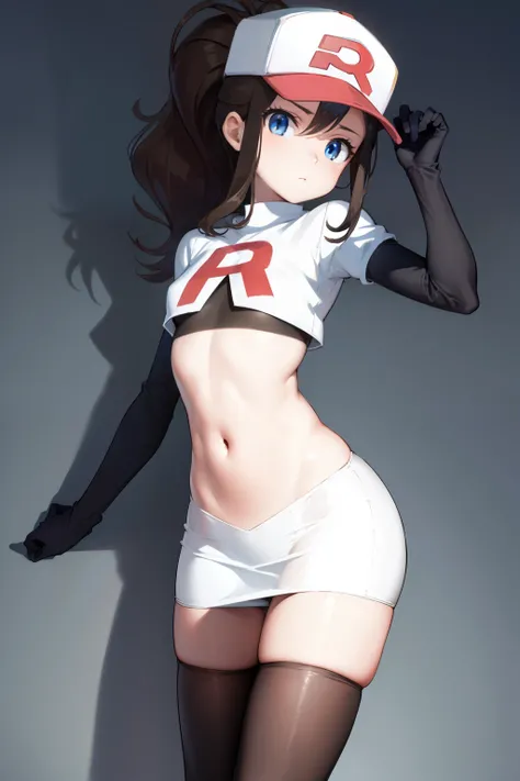 pokemonhilda, pokemonhilda, blue eyes, brown hair, long hair, ponytail, (small breasts:1.2),
BREAK baseball cap, hat, team rocket,team rocket uniform, red letter R, white skirt,white crop top,black thigh-highs,black elbow gloves
BREAK looking at viewer,
BR...