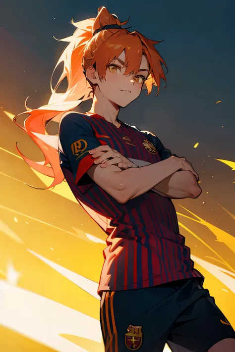 Barcelona jersey, soccer, different multicolored hair, ponytail, young male, golden eyes, soccer field,