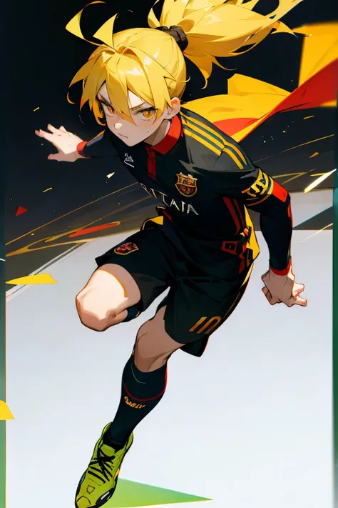 Barcelona jersey, soccer, different multicolored hair, ponytail, young male, golden eyes, soccer field,