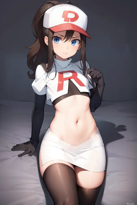 pokemonhilda, pokemonhilda, blue eyes, brown hair, long hair, ponytail, (small breasts:1.2),
break baseball cap, hat, team rocke...