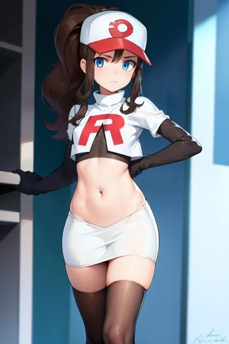 pokemonhilda, pokemonhilda, blue eyes, brown hair, long hair, ponytail, (small breasts:1.2),
break baseball cap, hat, team rocke...