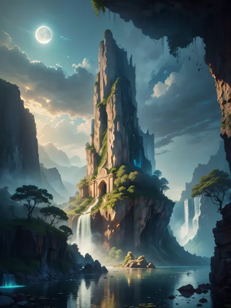 there is a large waterfall in the middle of a mountain, ancient city, epic matte painting of an island, the lost city of atlanti...