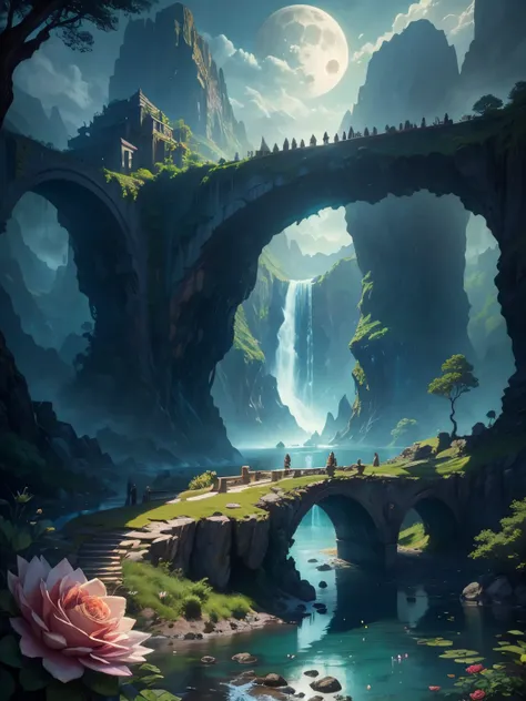 there is a large waterfall in the middle of a mountain, ancient city, epic matte painting of an island, the lost city of atlantis, an aztec city in a island lake, ancient city landscape, lost city of atlantis, marc simonetti. intricate, beautiful concept a...