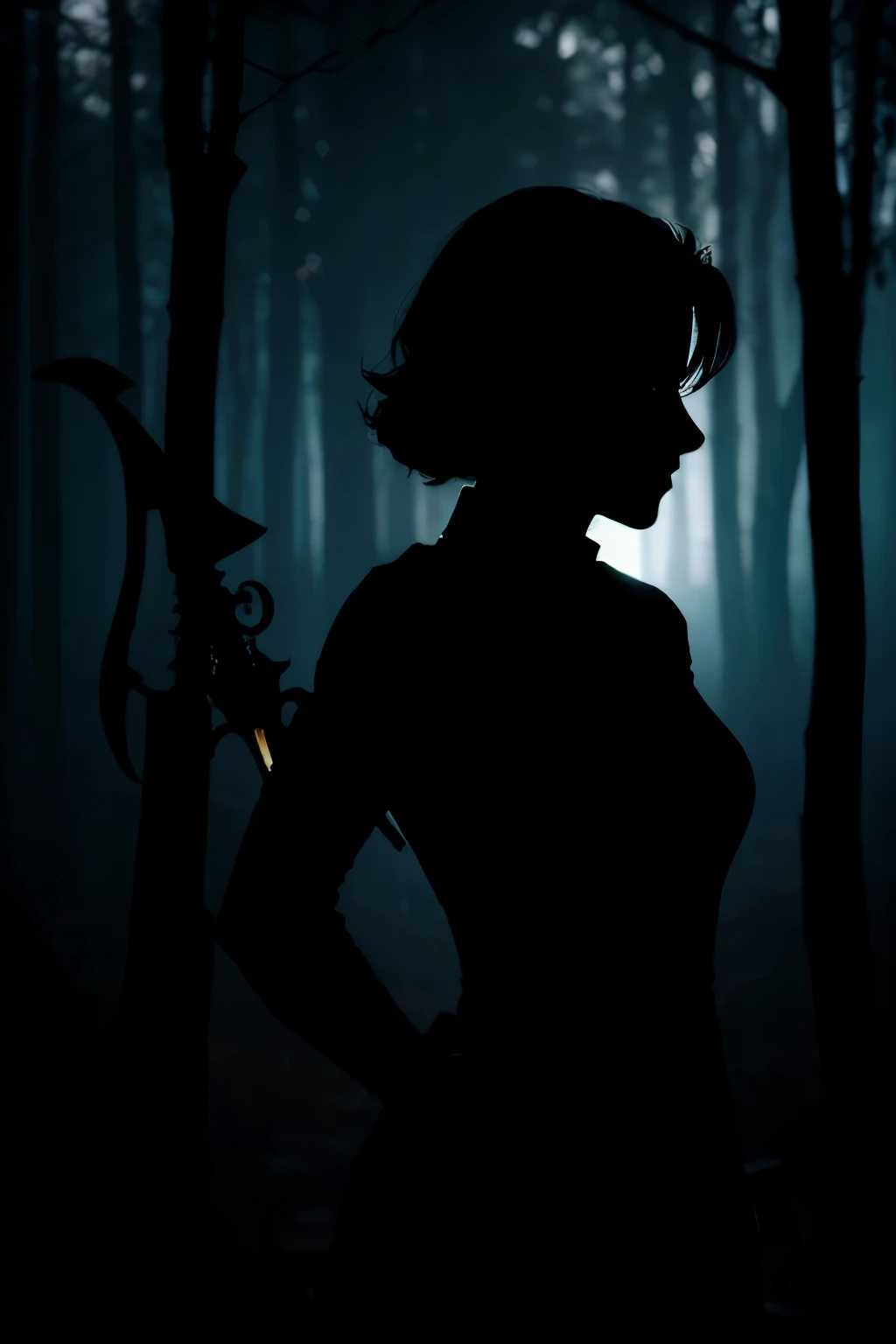 shadow silhouette of a murderous lumberjack woman with a dagger in her hands in a forest in the middle of the night, silhouette without lighting, shadow silhouette in darkness, silhueta de jazz, sombra em uma floresta. sombra sem corpo, sem rosto, sombra s...