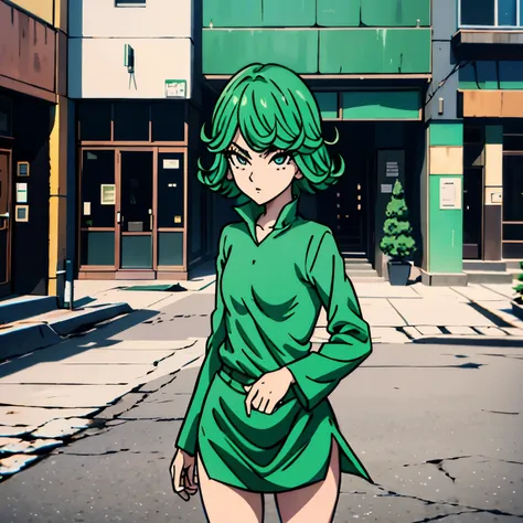 chica tatsumaki caminando en la calle, usando ropa de emfermera, sexy, cabello verde, sonrrojada