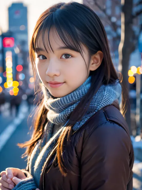 Photoreal, 8k Full Length Portrait, Beautiful woman, attractive look, 16 years old, Tokyo city, winter, Shibuya in the background