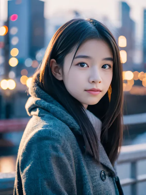 Photoreal, 8k Full Length Portrait, Beautiful woman, attractive look, 16 years old, Tokyo city, winter, Shibuya in the background