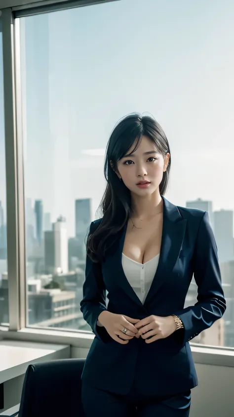 masterpiece, black hair, beautiful, elegant. Ultra-fine details, masterpieces, realistic textures, realistic cinematic lighting, perfect work, 8k, HD, delicate facial features, (Image from thighs to head), large breast, (Japanese idol:1.2), Tailored navy b...