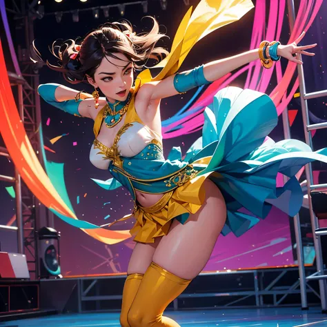 creates a dancer in a dynamic pose, capturing the energy and passion of their performance against a vibrant, colorful backdrop. The scene is brought to life with realistic touches, Emphasizing Your Strength, grace and fluidity of your movement.