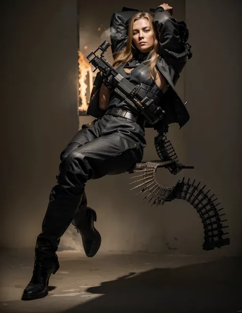 mujer soldado, cara estereotipada alemana, La mitad de su cara es cyborg, cabello rubio estilo militar, aggressive expression, WWII German style gray cloth military uniform, guantes de cuero negro, botas militares negras, ammunition belt with holster, his ...