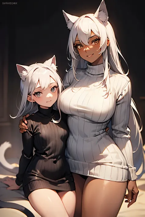 (((SHARP detail perfect face))), big breasts, (nice hips), detailed skin, ((masterpiece)), best quality, (SHARP details), 4k, ((female gladiator)), ((dark skin)), (cat ears), (cat tail), (platinum hair),(slave collar), (((sweater))), amber eyes, looking at...