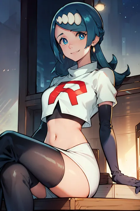 lanamother, long hair, blue hair, white pupils, hair ornament, ,earrings, glossy lips ,team rocket uniform, red letter R, white skirt,white crop top,black thigh-high boots, black elbow gloves, evil smile, sitting down ,legs crossed, night sky background