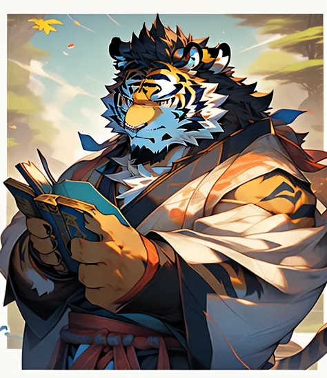 A man wearing Hanfu、Close-up of tiger holding a book, high resolution committee, tabasi monk, Inspired by Li Kan, Inspired by Hu Zaobin, portrait, official character art, Inspired by Huang Shen, Official character illustrations, 《Genshin》Ke Qingyu, Onmyoji...