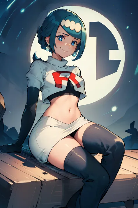 lanamother, long hair, blue hair, white pupils, hair ornament, ,earrings, glossy lips ,team rocket uniform, red letter R, white skirt,white crop top,black thigh-high boots, black elbow gloves, evil smile, sitting down ,legs crossed, night sky background