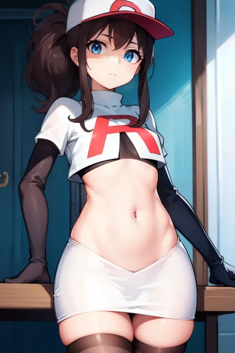 pokemonhilda, pokemonhilda, blue eyes, brown hair, long hair, ponytail, (small breasts:1.2),
BREAK baseball cap, hat, team rocket,team rocket uniform, red letter R, white skirt,white crop top,black thigh-highs,black elbow gloves
BREAK looking at viewer,
BR...