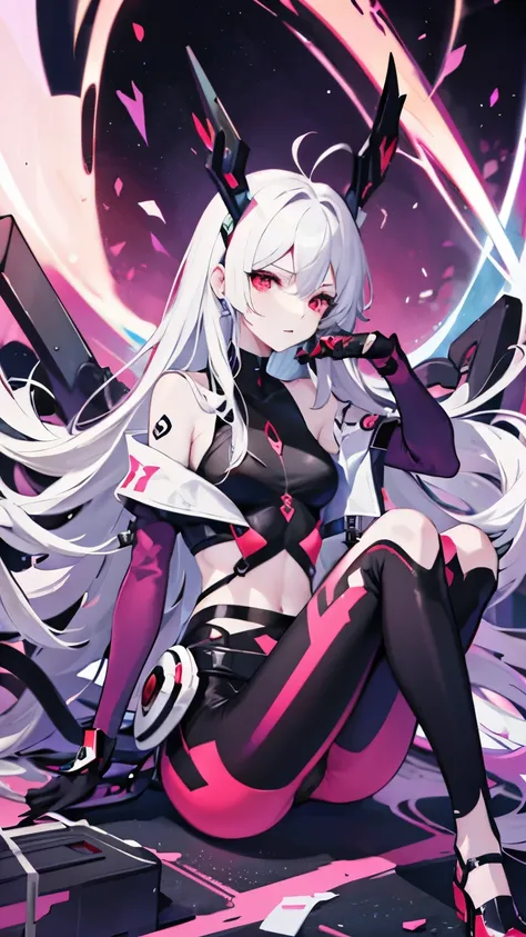 pale skin，dark风，long white hair，black eye shadow，red eyes，Abstinence，dark，antenna，succubus，Open the legs，angry，Battle damage，Broken clothes，Transparent underwear，camel toe，sitting，hot pants，Mecha，front view