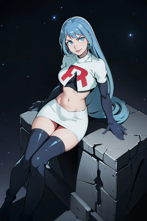 nejire hado, 1girl, solo, long hair, breasts, bangs, blue eyes, medium breasts, very long hair, blue hair,glossy lips ,team rock...