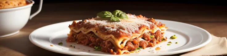 Bolognese meat lasagna with white sauce on a plate, escondido em carne picada, alta qualidade, soft lighting, ULTRA HIPER DETALHADO