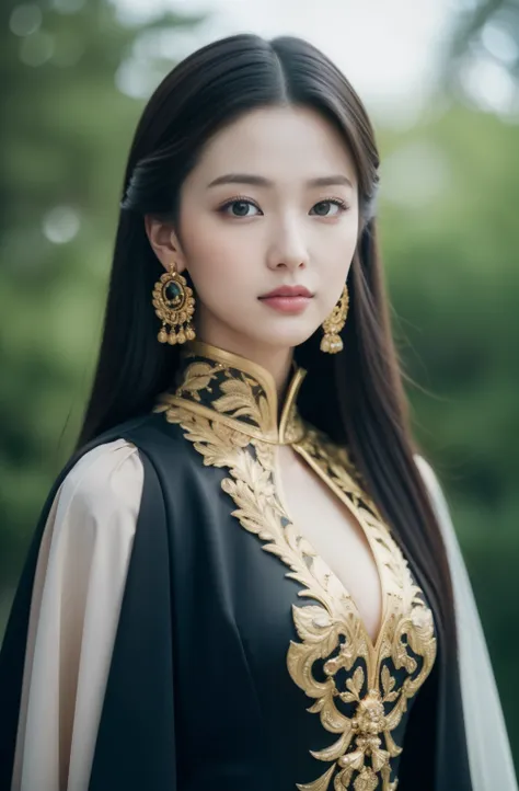 ((highest quality、8K、masterpiece:1.3))、sharp focus:1.2、Beautiful with perfect figure, (highest quality,beautiful and aesthetic:1.2), (1 adult female), Highly detailed dynamic gaze,She is wearing a luxurious Chinese dress,Composition of the golden ratio,col...