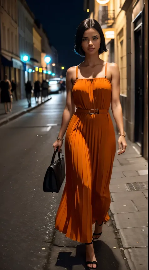 Foto hiperrealista en primer plano de Adriana Lima,, masterpiece, best quality, (photorealistic:1.4), full body, (orange maxi maxi pleated dress on straps), heels, walking during the night on the street of Marseille, France. neons, cinematic light, beautif...