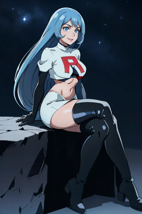 nejire hado, 1girl, solo, long hair, breasts, bangs, blue eyes, medium breasts, very long hair, blue hair,glossy lips ,team rocket uniform, red letter R, white skirt,white crop top,black thigh-high boots, black elbow gloves, evil smile, sitting down ,legs ...