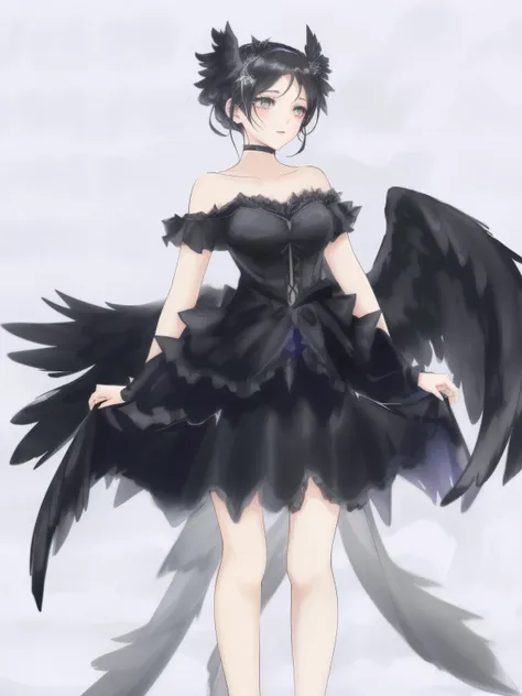 Anime-style image，woman wearing black dress, dark feathered wings, bladed wings lace wear, Anime girl wearing black dress, black wings instead of arms, Villain has black angel wings, Astral Witch Clothes, fantasy costumes, has black wings, dark star dress,...