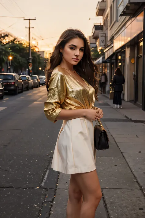 Capture the essence of urban elegance at sunset. Describe your chic outfit, the golden light of the streets and the sophisticated mood of an evening in the city. What is your favorite city location at dusk,american girl,20 years old,brunette,brown eyes,