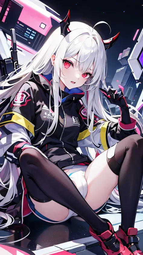 pale skin，dark风，long white hair，black eye shadow，red eyes，Abstinence，dark，antenna，succubus，Open the legs，Battle damage，Broken clothes，Transparent underwear，camel toe，sitting，hot pants，Mecha，front view，angry