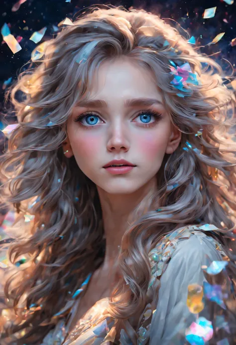 Colored confetti，1990s (style), 1 girl, blue eyes, epaulettes, hair covering one eye, long hair, artistic focal point, (mitigate), retro artstyle, alone, Traditional media, curls, white hair, | Beautiful night sky | photo manipulation| beautiful compositio...