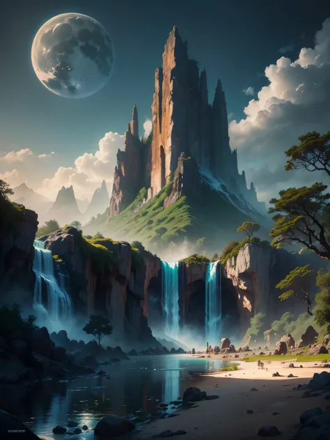 there is a large waterfall in the middle of a mountain, ancient city, epic matte painting of an island, the lost city of atlanti...