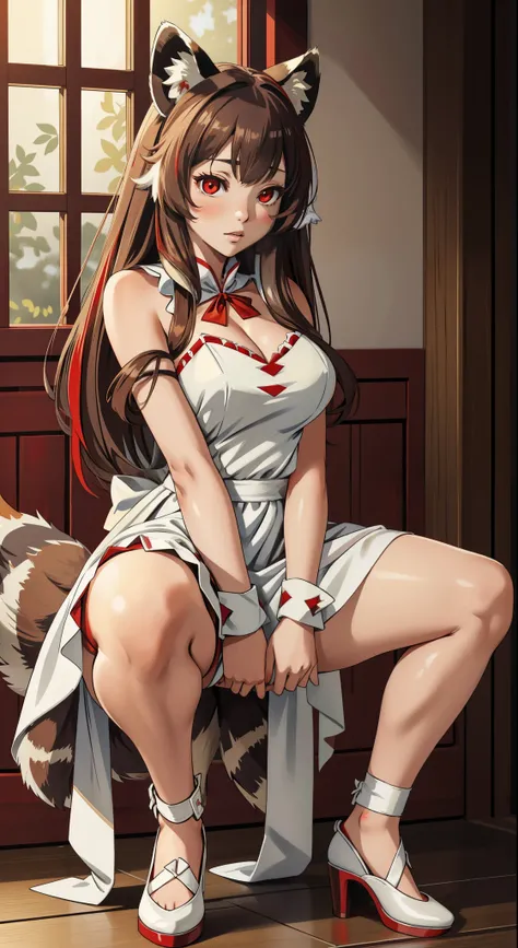 (masterpiece, highest quality),  intricate details,
1 girl,  Raphtalia, white dress、sexy,squatting down、Spread your legs and show off your panties、White Miniskirt Dress、spread legs,show white panties,animal ears, brown hair, long hair, raccoon ears, a raco...