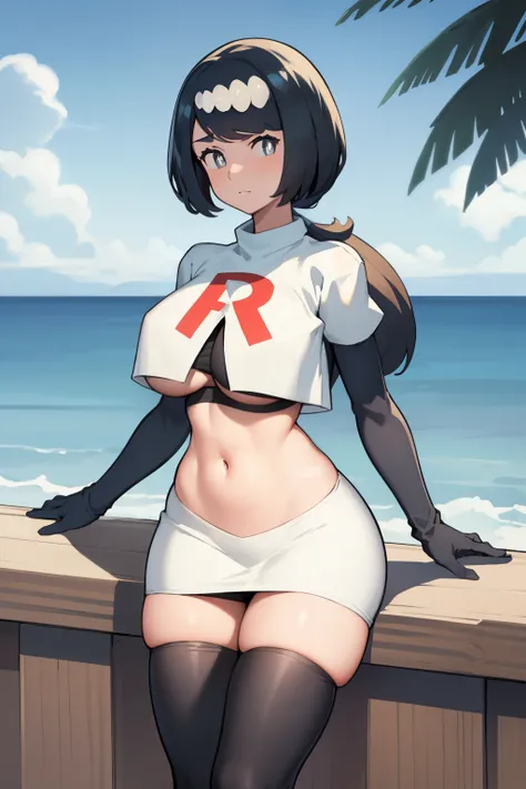 masterpiece, best quality, lanamother, white pupils, long hair, hair ornament, team rocket,team rocket uniform, red letter R, white skirt,white crop top,black thigh-highs,black elbow gloves, large breasts, mature female, wide hips,  looking at viewer, beac...