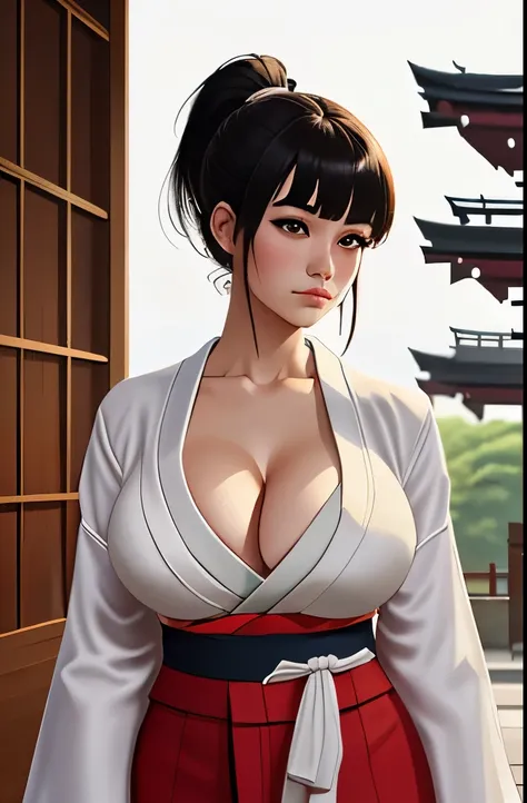 large ponytail, bangs, cheong-sam, silk, huge breasts, cleavage, sagging breasts, outside, temple, japan, (masterpiece), (best quality:1.2), absurdres, intricate details, (highly detailed skin:1.2),  