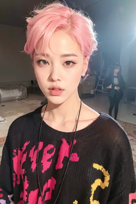 arafed woman con cabello rosado and a black sweater, accurate Jimin face, park Jimin, Jiminlos labios carnosos, Jiminhis right eyelid is swollen, Jiminla nariz griega, Jimin, con cabello rosado, Con pelo corto, jossi de blackpink, portrait of jossi de blac...