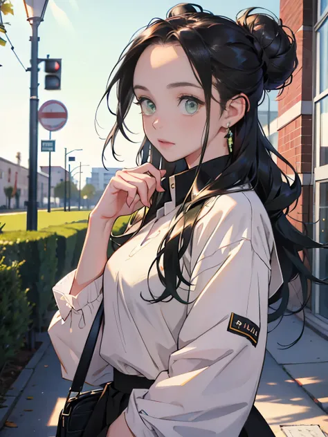 15 year old girl,  ((two bun hair)) Long hair in two buns, Forehead is exposed.、black hair、green eyes、daytime: 1.2, on campus: 1.2,