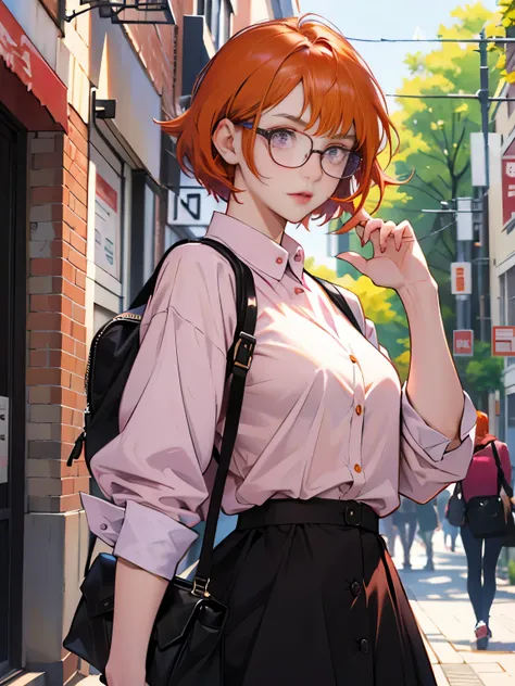 15 year old girl,  ((Reddish-purple eyes))、 short hairstyle、Straight short、orange hair、cute girl、wearing glasses、daytime: 1.2, on campus: 1.2,