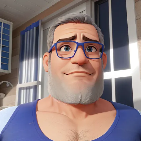 Homem em frente a uma janela com camiseta regata azul, glasses