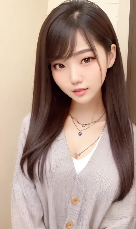 photo-realistic,Super adopted,1 young beautiful korean girl, Distant gaze, ah,Hip-hop style clothing,Round young face,full accesories,necklace,Big, clear and gentle eyes,long eyelashes,slim waist,light macup,neat teeth, Slightly Smiled. colored hair,  Uppe...