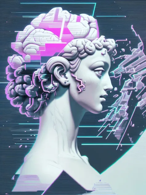 glitched, ((vaporwave)), sideview, tilted, bad comp, aestetic, neon, white marble head of woman, head only, brain out,  intricat...