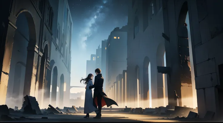 A male and a female in a long coat face away from the picture，Walk through vast ruins，Under the stars，In the dark，black hair, hugging.