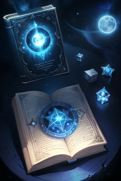 magic grimoire, book of the night, beautiful blue circle, jewel, runes inscribed on the spine, silver and blue and black, magic,...