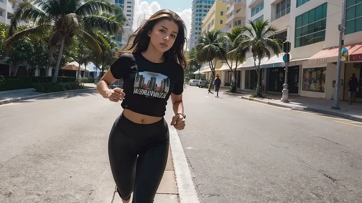 masterpiece, very detailed, ultra realistic, detailed background, bright lighting, daylighting,, (brown haired women running,broadwalk miami, picture taken from the front, wearing black leggings and a t-shirt