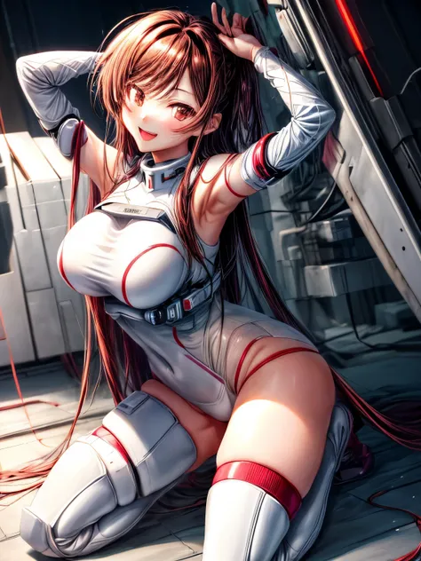 chizuru, big breasts, 1 beautiful girl、anime girl, White Cybersuit、smooth cyber suit, 8K, High resolution、sexy pose、big smile、Kneeling