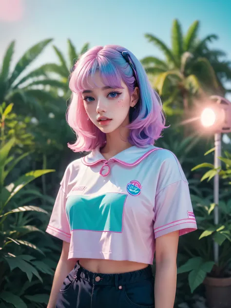 (vivid colors,ultra-detailed),a girl with (long purple hair and big blue eyes),wearing (a pink sailor uniform),standing in (a retro-futuristic cityscape with neon lights and palm trees),surrounded by (glitch art and holographic elements),reflecting the (pa...
