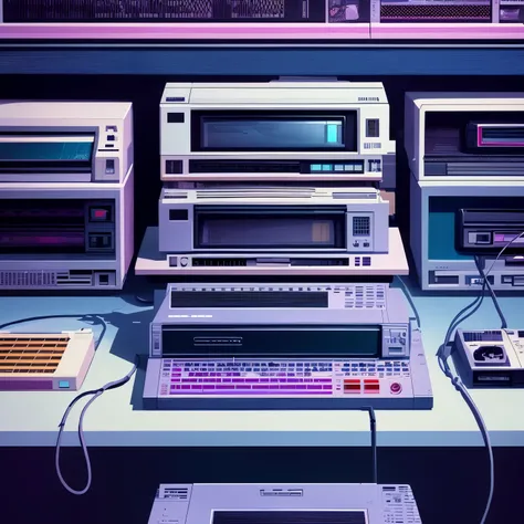 Pixel art, vaporwave aesthetics, artwork, a collection of heritage that was popular in the past but no longer exists, beta video tapes, cassette metal tapes, word processors, personal computers, Famicom, etc. Uneven, uneven, unnatural, past and present