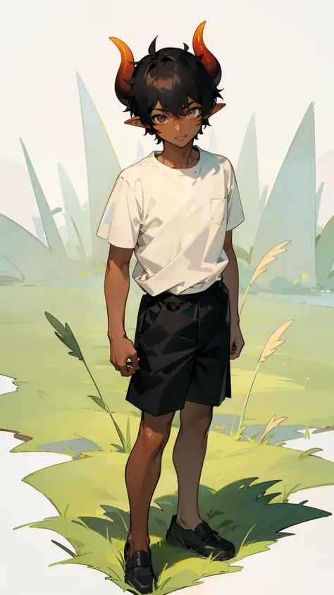 1boy,10 years,solo,happy,((dark skin)),((white shirt,short sleeves,black shorts)),Short hair,black hair,elf ears,(horns),(standing,grass,grass,),full body