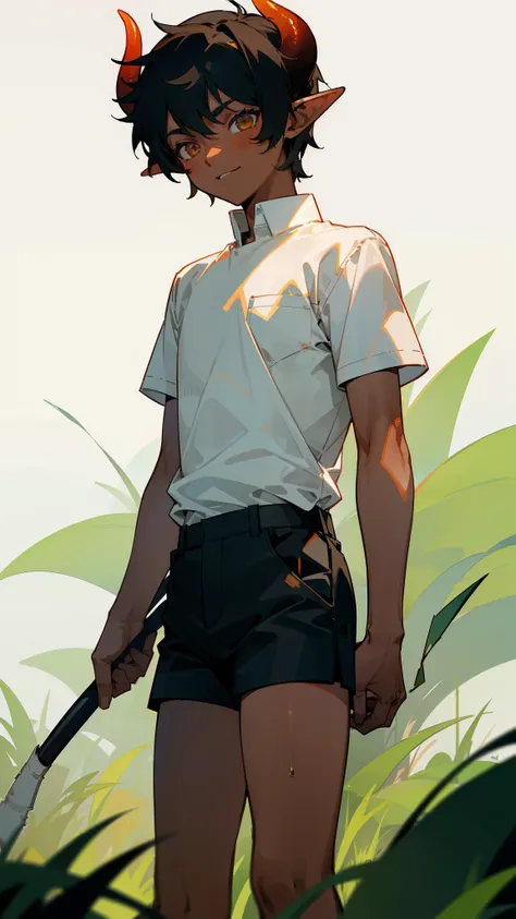 1boy,10 years,solo,happy,((dark skin)),((white shirt,short sleeves,black shorts)),Short hair,black hair,elf ears,(horns),(standing,grass,grass,),cowboy shot