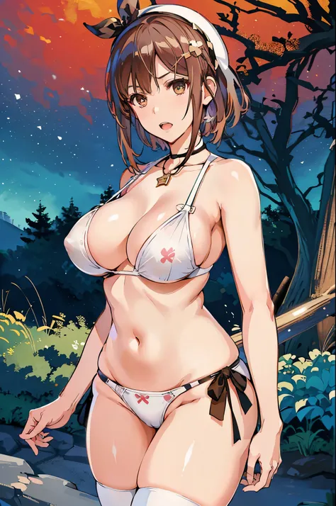 (Best Quality, 4K, 8K, hight resolution, masutepiece:1.2), ((solo),Ultra-detailed, (Realistic),  Mature Woman,((in woods)),masutepiece, Highest Quality, Ultra-fine,max resolution, Extremely detailed, ((white  panties)),thong,Rat trail section,happily face,...