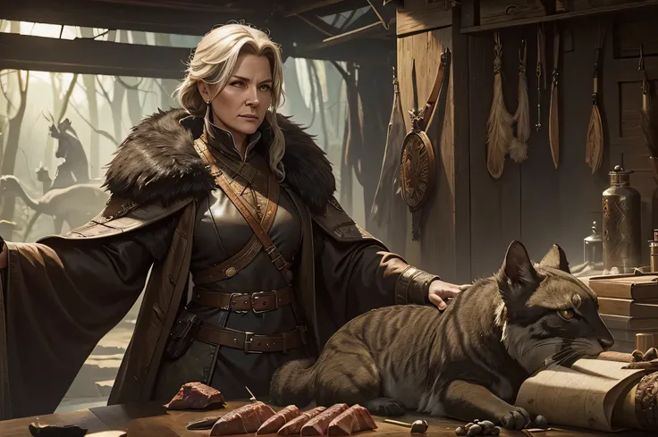 Gwendolyn Hirschtal, a skilled and respected hunter, known for its expertise in sourcing and treating exotic skins and meats. Gwendolyn is a middle-aged woman with a passion for wild creatures and a vast network of hunters...(arte digital, arte de fantasia...