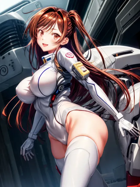 chizuru, big breasts, 1 beautiful girl、anime girl, White Cybersuit、smooth cyber suit, 8K, High resolution、sexy pose、big smile、hands on hips